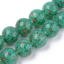 Handmade Gold Sand Lampwork Beads, Inner Flower, Round, Sea Green, 20x19~20mm, Hole: 2mm, about 20pcs/strand, 14.96 inch(38cm)(LAMP-S194-008C-08)