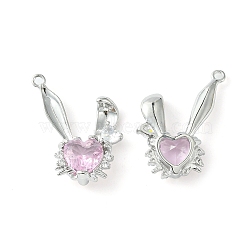 Brass Micro Pave Cubic Zirconia Pendants, Rabbit Head Charm, Real Platinum Plated, Pink, 24x20.5x5mm, Hole: 1.5mm(KK-L208-05P-05)