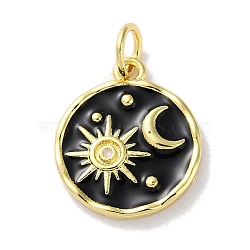 Rack Plated Brass Enamel Pendants, with Jump Ring, Long-Lasting Plated, Lead Free & Cadmium Free, Real 18K Gold Plated, Flat Round with Sun & Moon Charm, Black, 15x13x2mm, Hole: 3.4mm(KK-Z039-02B)
