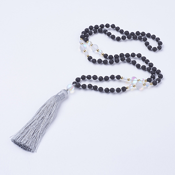 Nylon Tassel Pendant Necklaces, Natural Lava Rock and Synthetic Frosted Moonstone Beads, with Burlap Paking Pouches Drawstring Bags, Golden, 31.5 inch(80cm)