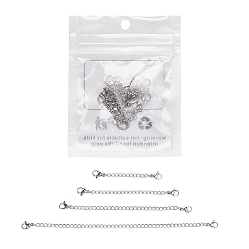 4 Strands 4 Styles 304 Stainless Steel Chain Extender, with Curb Chains and Lobster Claw Clasps, Stainless Steel Color, 50~150x6.5mm, Ring: 4x3x0.6mm, Clasp: 10.5x6.5x3.5mm, 1 strand/style