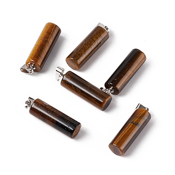 Natural Tiger Eye Pendants, with Platinum Tone Brass Findings, Column Charm, 27x8mm, Hole: 6x3.2mm