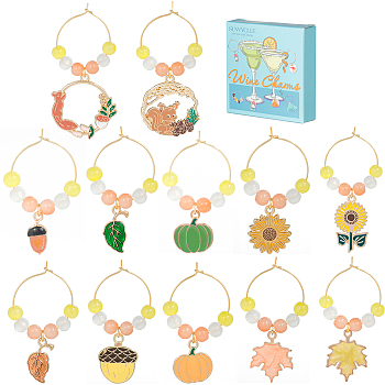 Autumn Theme Alloy Enamel with Glass Wine Glass Charms, with Brass Hoop Earring Findings, Leaf/Sunflower/Pine Cone, Mixed Color, 48~60mm, 12 style, 1pc/style, 12pcs/set