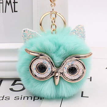 Pom Pom Ball Keychain, with KC Gold Tone Plated Alloy Lobster Claw Clasps, Iron Key Ring and Chain, Owl, Turquoise, 12cm