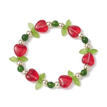 Heart Flower Dyed Natural TaiWan Jade & Acrylic Stretch Bracelet, FireBrick, Inner Diameter: 2-5/8 inch(6.6cm)