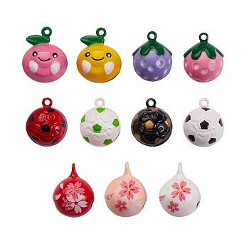 11Pcs 11 Style Christmas Baking Painted Brass Bell Pendants, Mixed Shapes, Mixed Color, 1pc/style