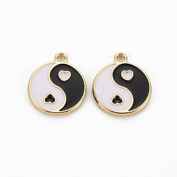 Rack Plating Alloy Enamel Charms, Cadmium Free & Lead Free, Light Gold, Flat Round with Yin Yang, Black, 13.5x11.5x1mm, Hole: 1.2mm