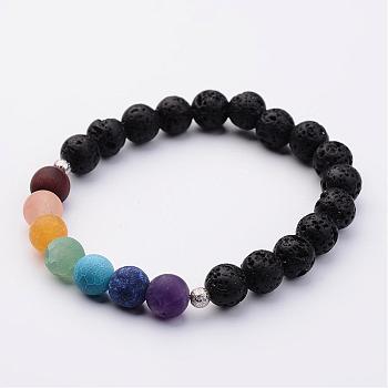 Natural Lava Rock Bead Stretch Bracelets, with Natural Gemstone Beads & Platinum Brass Beads, 1-7/8 inch(49mm)