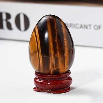 Easter Raw Natural Tiger Eye Egg Display Decorations, Wood Base Reiki Stones Statues for Home Office Decorations, 40x25mm