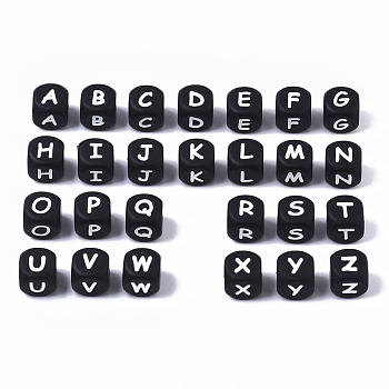 Food Grade Eco-Friendly Silicone Beads, Horizontal Hole, Chewing Beads For Teethers, DIY Nursing Necklaces Making, Cube, Black, Random Mixed Letters, 12x12x12mm, Hole: 2mm