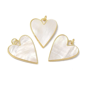 Rack Plating Brass Pave Shell Pendants, Heart Charms with Jump Rings, Real 18K Gold Plated, Long-Lasting Plated, Cadmium Free & Lead Free, Seashell Color, 26.5x22.5x2mm, Hole: 3mm