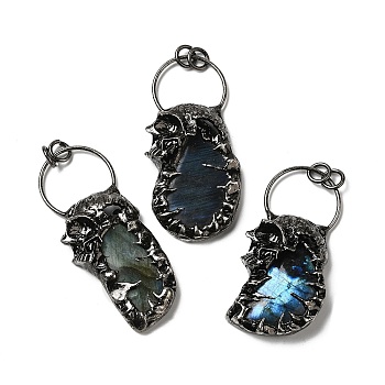 Natural Labradorite Big Pendants, Skull & Nuggets Charms, with Gunmetal Plated Brass Findings, Cadmium Free & Lead Free, 67~73.5x29~35x11.5~12.5mm, Hole: 6mm