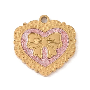 Ion Plating(IP) 304 Stainless Steel Pendants, with Glitter Enamel, Heart with Bowknot Charm, Golden, 16x16x2mm, Hole: 1.4mm