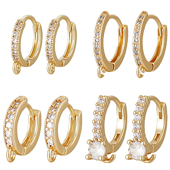 8Pcs 4 Style Brass Micro Pave Clear Cubic Zirconia Hoop Earrings Findings, with Loops, Real 18K Gold Plated, 14~115.5x13~14x2~4.5mm, Pin: 0.6~1mm, 2Pcs/style