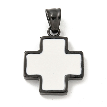 304 Stainless Steel Pendants, with Enamel, Cross Charm, Black, White, 22x18x3mm, Hole: 6x4.5mm