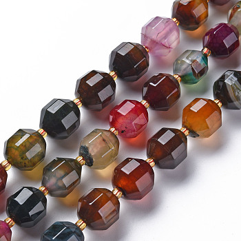 Natural Agate Beads Strands, Dyed, Faceted, with Seed Beads, Double Terminated Point Prism Beads, Bicone, Colorful, 10.5~12.5x10~11.5mm, Hole: 1.5mm, about 27~29pcs/strand, 14.25 inch~15.16 inch(36.2cm~38.5cm)