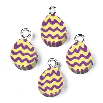 Handmade Polymer Clay Charms, with Platinum Tone Iron Loop, Easter Egg, Yellow, 14~15x9x4~5mm, Hole: 2mm