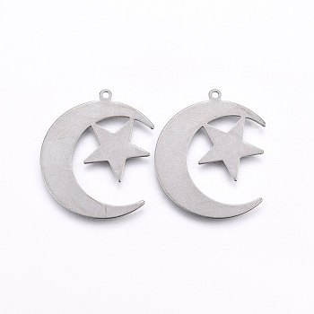 201 Stainless Steel Pendants, Moon with Star, Stainless Steel Color, 29x24x0.6mm, Hole: 1.4mm