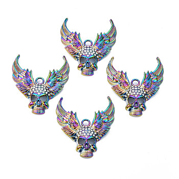 Rainbow Color Alloy Big Pendants, with Rhinestone, Cadmium Free & Lead Free, Skull with Wing, 54x50x9mm, Hole: 4.5mm