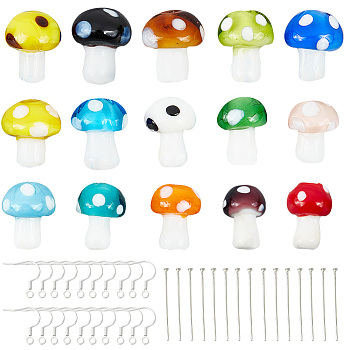 DIY Mushroom Earring Making Kit, Including Lampwork Beads, Brass Earring Hooks & Head Pins, Mixed Color, 90Pcs/box