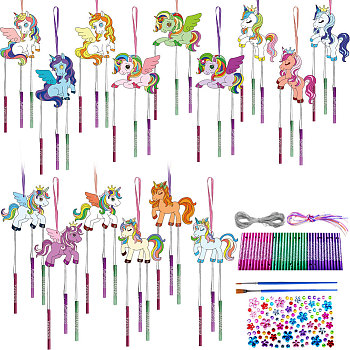 DIY Wood Wind Chime Making Kit, Including 45Pcs Aluminum Tube Wind Chim, 15Pcs Wood , 13M Silver Wire, 2Pcs Brush, 1 Sheets Rhinestone Sticker, 15Pcs Colored Rope, Unicorn, 126x79mm