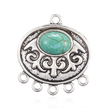 Alloy Links, Chandelier Components, Oval with Synthetic Turquoise, Antique Silver, Turquoise, 37x34x7.5mm, Hole: 3mm