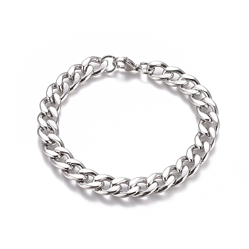 Unisex 304 Stainless Steel Curb Chain/Twisted Chain Bracelets, with Lobster Claw Clasps, Stainless Steel Color, 8-1/2 inch(21.5cm)