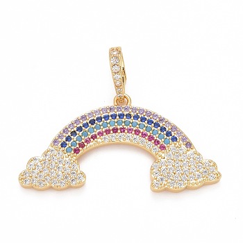 Rack Plating Brass Micro Pave Colorful Cubic Zirconia Pendants, Cadmium Free & Nickel Free & Lead Free, Long-Lasting Plated, with Clasp, Rainbow, Real 18K Gold Plated, 18.5x36x2.5mm, Hole: 7x4mm