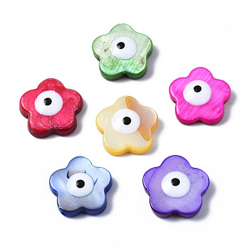 Natural Freshwater Shell Beads, with Enamel, Dyed, Flower with Evil Eye, Mixed Color, 12~13x12~13x3mm, Hole: 0.8mm