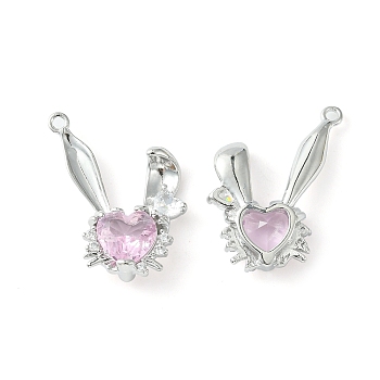Brass Micro Pave Cubic Zirconia Pendants, Rabbit Head Charm, Real Platinum Plated, Pink, 24x20.5x5mm, Hole: 1.5mm