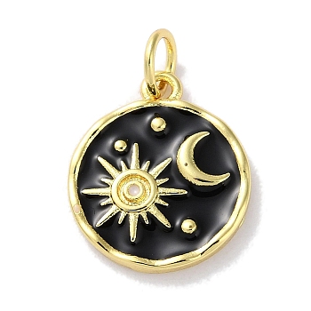 Rack Plated Brass Enamel Pendants, with Jump Ring, Long-Lasting Plated, Lead Free & Cadmium Free, Real 18K Gold Plated, Flat Round with Sun & Moon Charm, Black, 15x13x2mm, Hole: 3.4mm