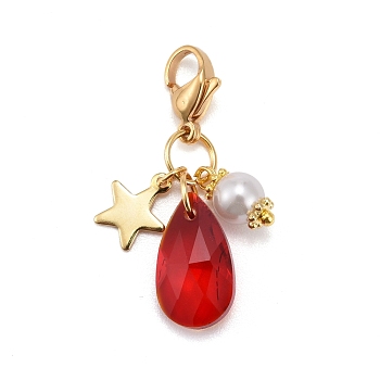 Faceted Teardrop Glass Pendants, with Glass Pearl Round Beads, Star 304 Stainless Steel Charms & Lobster Claw Clasps, Red, 34mm