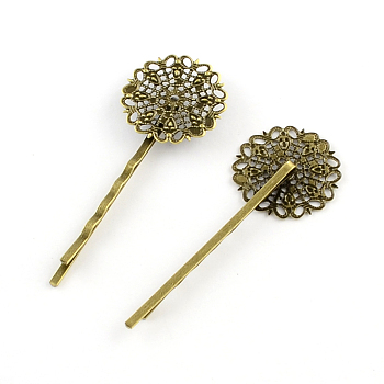 Filigree Flower Tray Vintage Iron Hair Bobby Pin Findings, Antique Bronze, Tray: 25x25mm, 67x25mm