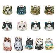 48Pcs 12 Style Printed Alloy Pendants, Cadmium Free & Nickel Free & Lead Free, Golden, Cat Head, Mixed Color, 17~25x14.5~17.5x1.5~3mm, Hole: 1.8~2mm, 4pcs/style(FIND-GO0001-56)