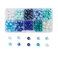 Mixed Baking Painted Crackle Glass & Glass Pearl Bead Sets, Round, Mixed Color, 8~8.5x7.5~8mm, Hole: 1mm, about 19~20pcs/compartment, 190~200pcs/box(HY-X0009-8mm-03)