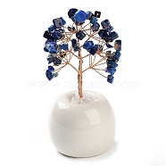 Natural Lapis Lazuli Chips Tree of Life Decorations, Round Porcelain Base with Copper Wire Feng Shui Energy Stone Gift for Home Office Desktop Decoration, 57x113~129mm(DJEW-C016-02E)