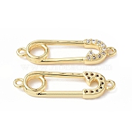 Eco-Friendly Rack Plating Brass Micro Pave Clear Cubic Zirconia Connector Charms, Safety Pins Links, Long-Lasting Plated, Lead Free & Cadmium Free, Real 18K Gold Plated, 25x7x2.5mm, Hole: 1.2mm(KK-F845-04G)
