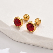 Real 18K Gold Plated 304 Stainless Steel Flat Round Stud Earrings, with Plastic, Red, 8mm(ZB4928-1)