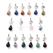 Yoga Chakra Jewelry, Natural Mixed Gemstone Pendants, with Platinum Plated Brass Findings, Teardrop & Votex/Om Symbol/Tree of Life/Flower of Life/Star of David, 42~45mm, Hole: 8x5mm(G-P441-B)