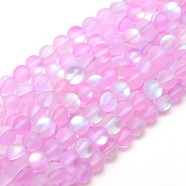 Synthetic Moonstone Beads Strands, Holographic Beads, Half AB Color Plated, Frosted, Round, Pearl Pink, 6mm, Hole: 1mm, about 60pcs/strand, 15 inch(G-F142-6mm-09)