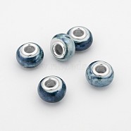 Rondelle Handmade Porcelain Large Hole European Beads, with Platinum Plated Brass Double Cores, Prussian Blue, 15x10mm, Hole: 5mm(X-OPDL-M009-01)