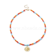 Brass Sun Pendant Necklace with Glass Seed Beaded for Women, Colorful, 17.95 inch(45.6cm)(NJEW-JN03929)