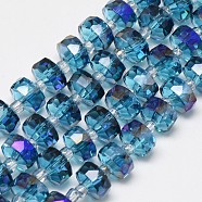 Electroplate Glass Beads Strands, Rainbow Plated, Faceted, Flat Round, Royal Blue, 7~8x5mm, Hole: 1mm, about 80pcs/strand, 21.26 inch(EGLA-Q083-8mm-A02)