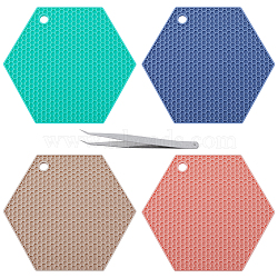 4Pcs 4 Colors Honeycomb Pattern Silicone Hot Pads, for Hot Dishes, Heat Resistant Heat Insulation Pad, Kitchen Tool with 1Pc Iron Beading Tweezers, Mixed Color, 180x155x6mm, Hole: 11mm(AJEW-GF0008-33A)