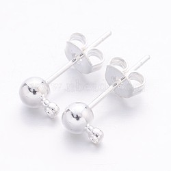 Silver Color Plated Brass Post Earring Findings, with Loop, Nickel Free, 15x6mm, Hole: 1mm, Ball: 4mm, Pin: 0.8mm(X-EC593-NFS)