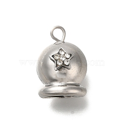 304 Stainless Steel Pendant, with Rhinestone, Christmas Bell, Star, Stainless Steel Color, 16x10x7.5mm, Hole: 1.8mm(STAS-H227-04P-02)