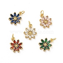 Rack Plating Brass Micro Pave Cubic Zirconia Charms, Long-Lasting Plated, Lead Free & Cadmium Free, Real 18K Gold Plated, Flower, Mixed Color, 14.5x12x3mm, Hole: 3mm(ZIRC-F129-34-G)