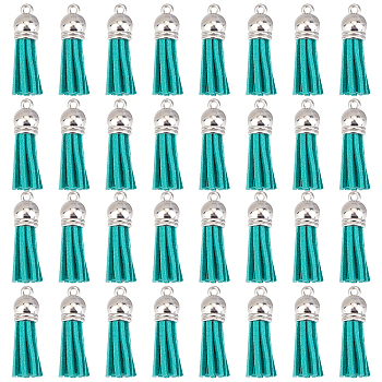 100Pcs Faux Suede Tassel Pendant Decorations, with CCB Plastic Cord Ends, Platinum, Dark Cyan, 35~37x10mm, Hole: 2.5~3mm