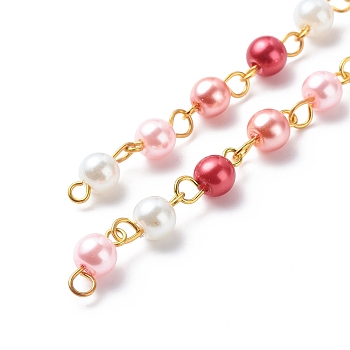 Handmade Glass Pearl Round Beaded Chains, with Brass Eye Pins, Unwelded, Crimson, 13x6mm, about 3.28 Feet(1m)/Box