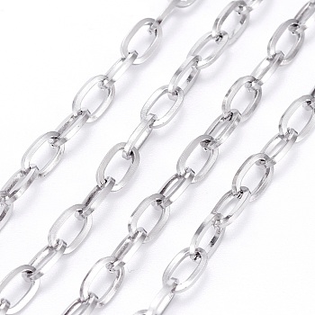 304 Stainless Steel Cable Chains, Unwelded, with Spool, Flat Oval, Stainless Steel Color, 7x4x0.8mm, about 32.8 Feet(10m)/roll